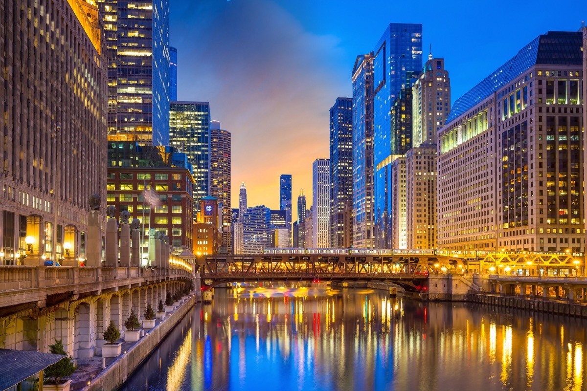 Chicago downtown and Chicago River at night in USA.