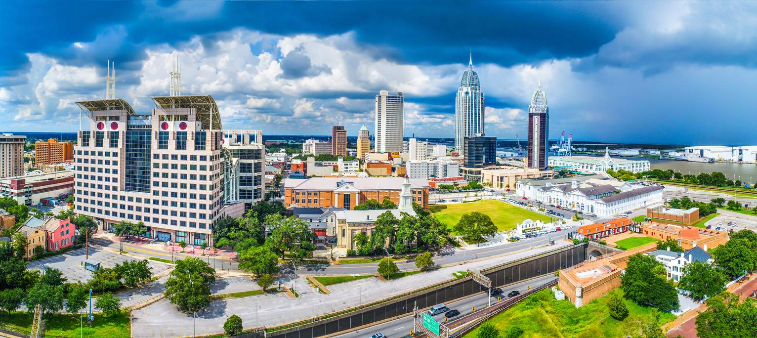 An aerial photo of downtown Mobile, Alabama