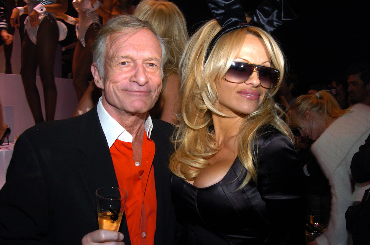 Hugh Hefner and Pamela Anderson at the 50th Anniversary of Playboy Celebration in 2003