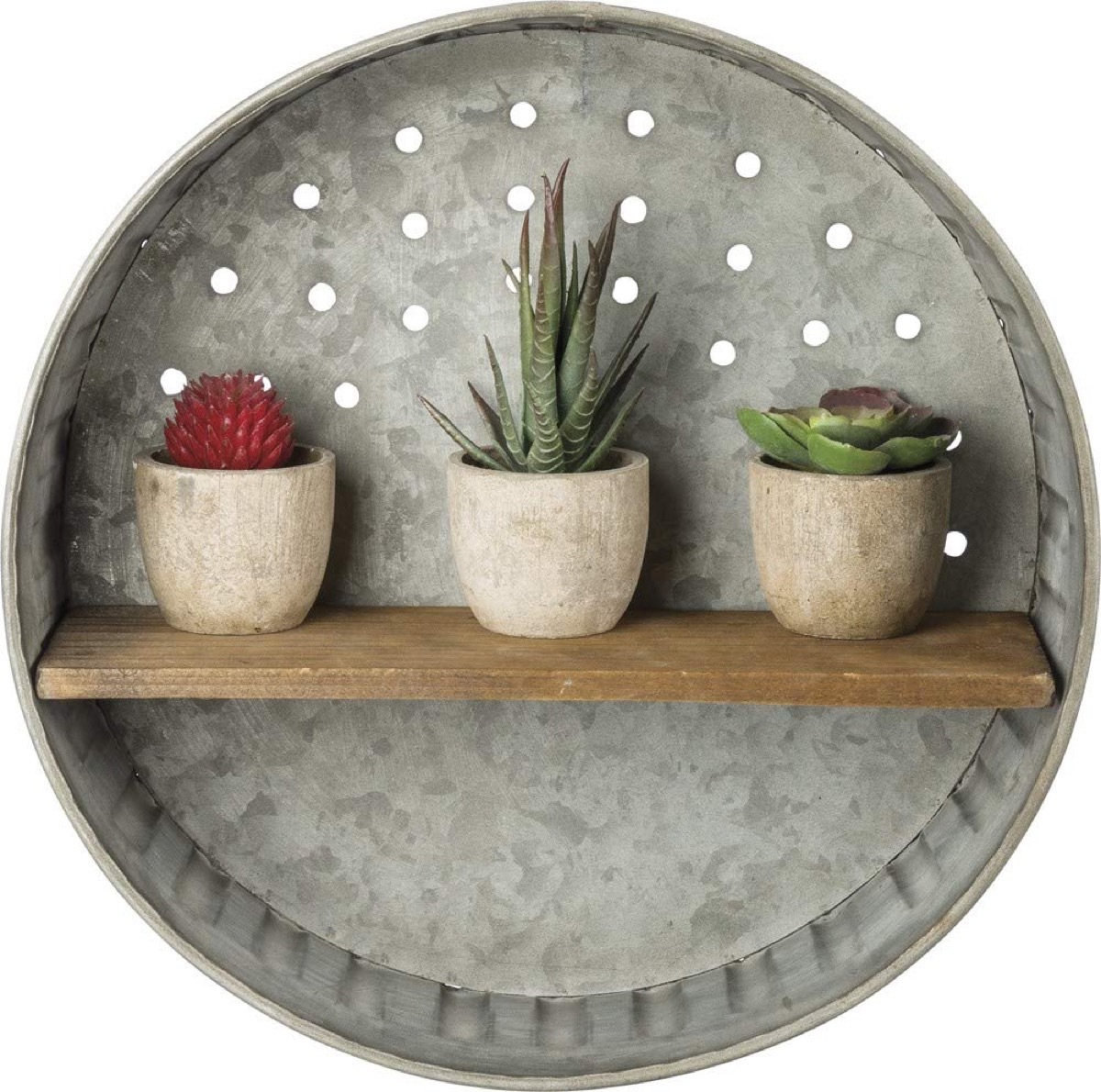 round metal shelf with succulents, rustic farmhouse decor