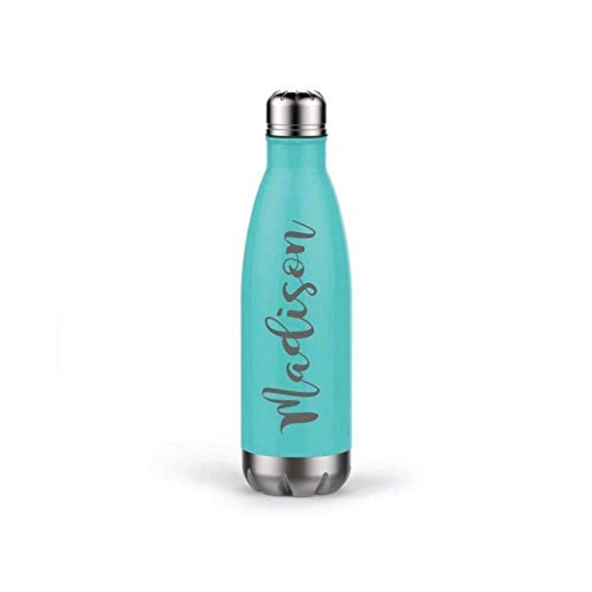 turquoise water bottle with script on it, cute water bottles