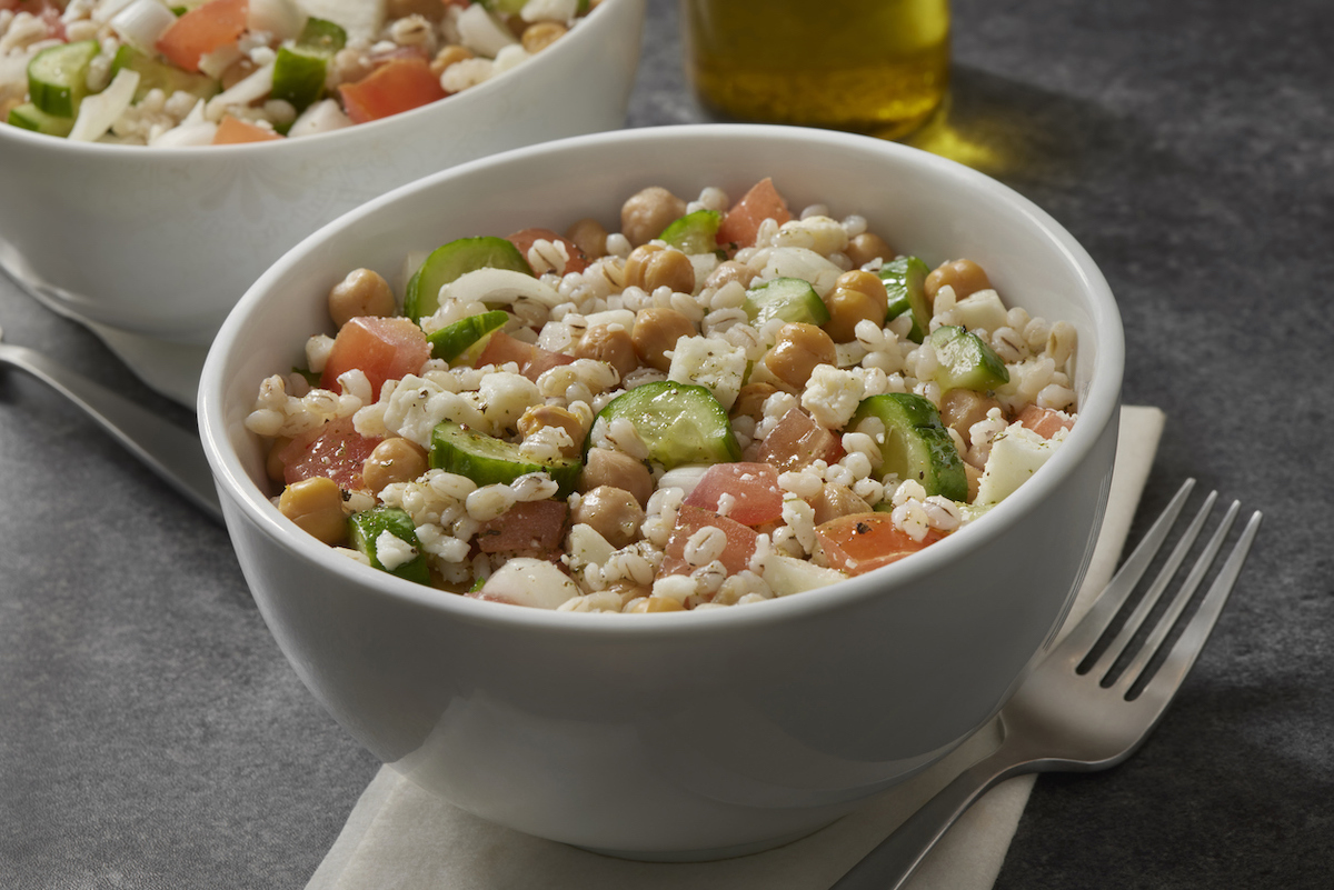 Greek Style Barley Salad with Feta, Tomatoes, Cucumber, Onion and Chickpeas