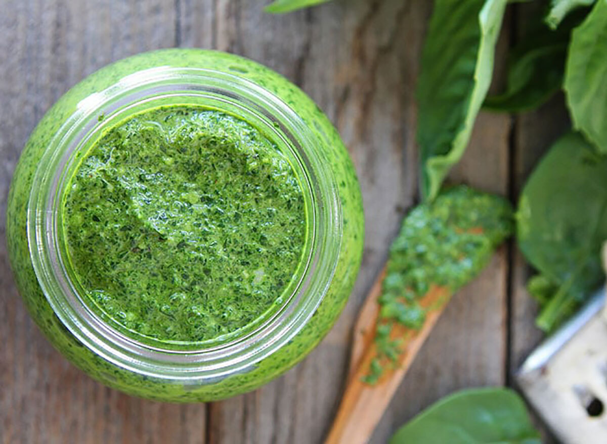 spinach basil pesto in jar