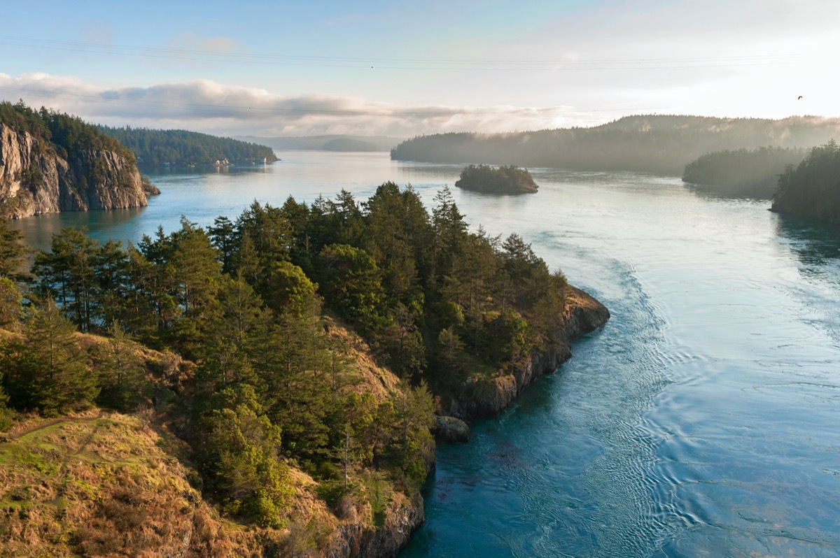 a strait of water surrounds islands with forests