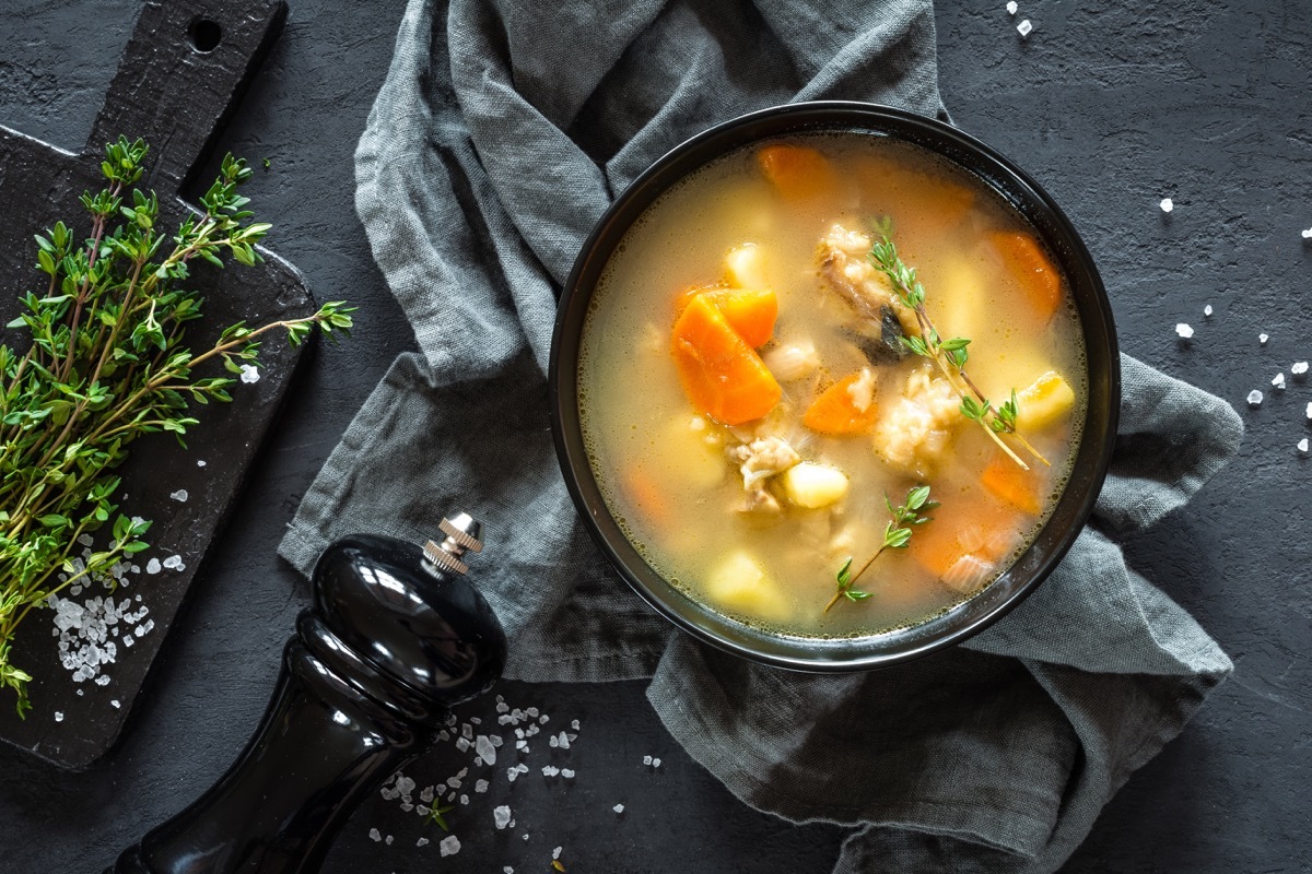 bowl of soup on plain background