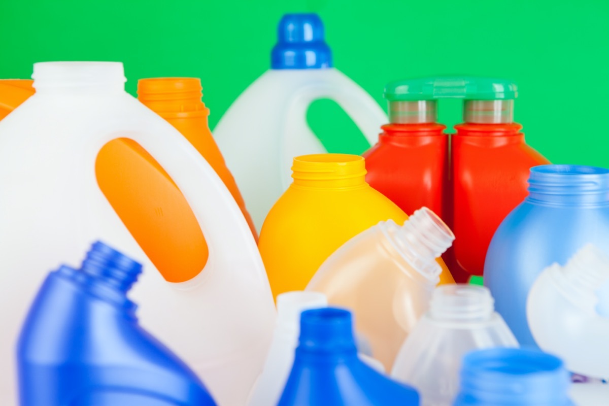 Group of empty plastic bottles of various sizes and colors