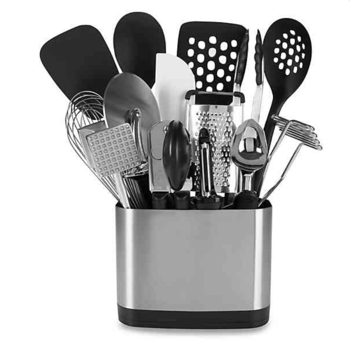 oxo good grips kitchen tool set with spatulas and cutting tools and graters in silver container