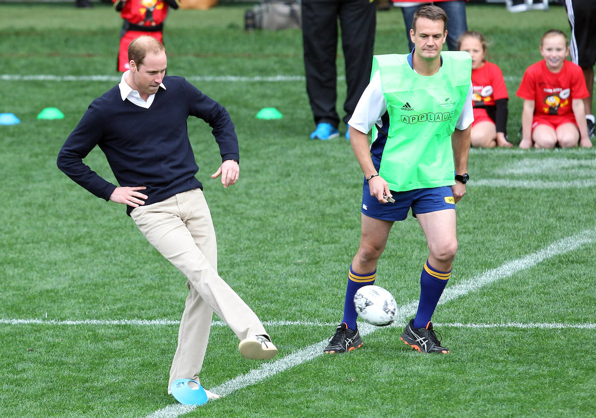 Prince William, Duke of Cambridge kicks off a game of rippa rugby at Forsyth Barr Stadium, Dunedin on April 13, 2014 in Dunedin, New Zealand.