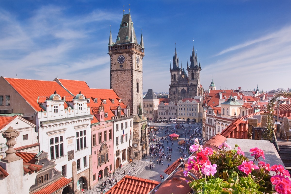 rooftop view of the prague cathedral and bell tower