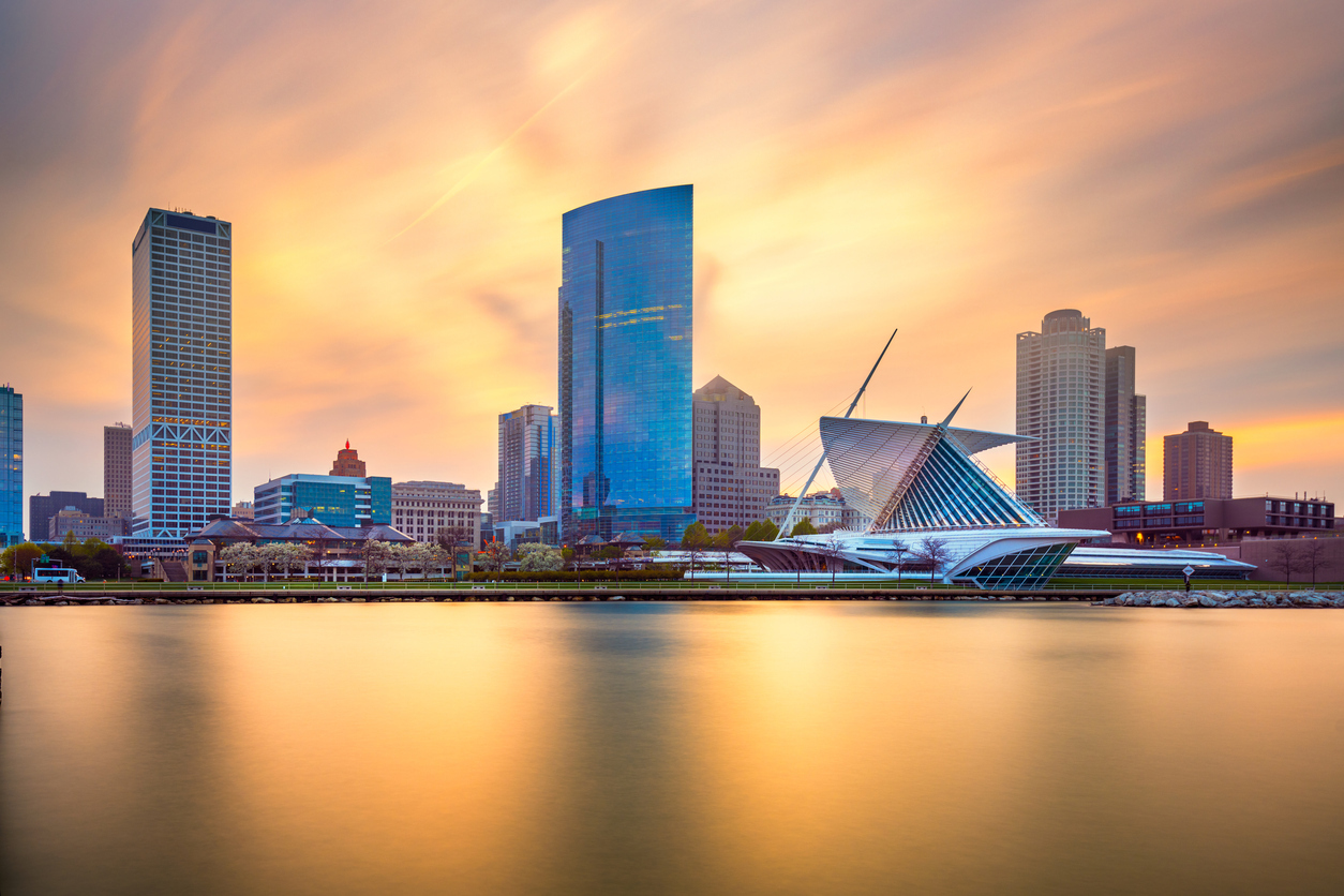 The skyline of Milwaukee, Wisconsin at sunset.