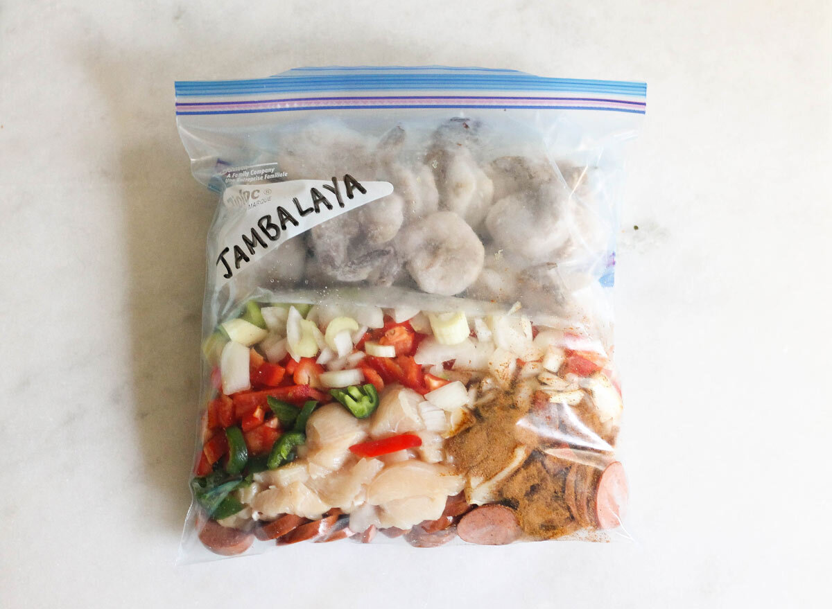 Crock pot jambalaya in a freezer bag ready to save for later