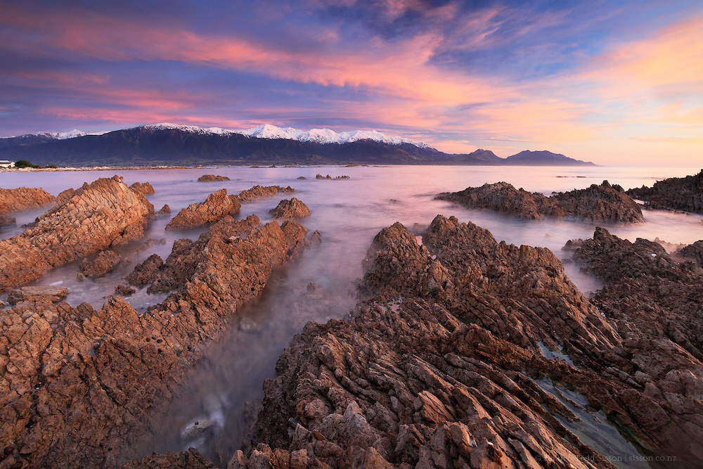 Sunrise looking towards the Kaikoura Mountains and Kaikoura Bay, South Island, New Zealand - stock photo, canvas, fine art print