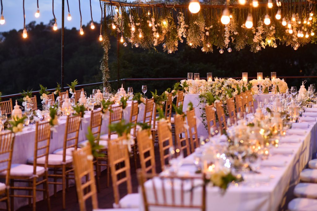 wedding table set at dusk