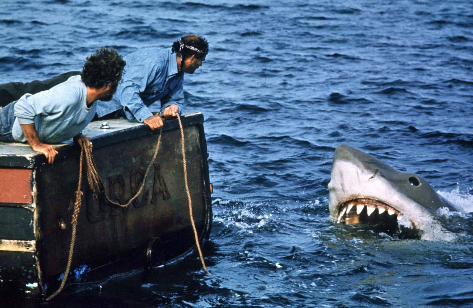 richard dreyfuss and robert shaw seeing the shark in jaws