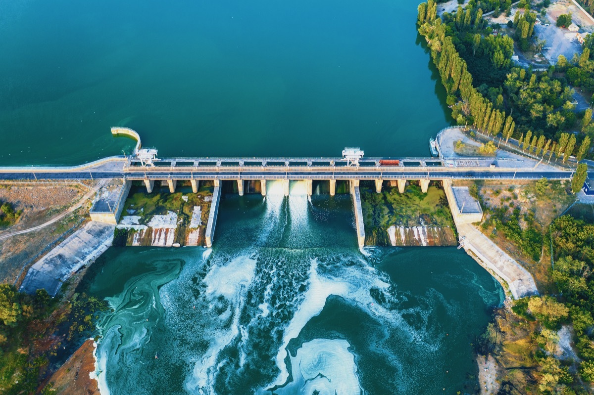 Aerial view of a reservoir and dam