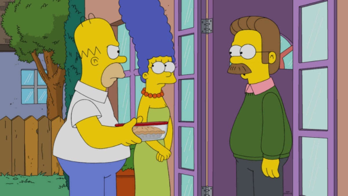 Still from The Simpsons with Homer, Marge, and Flanders