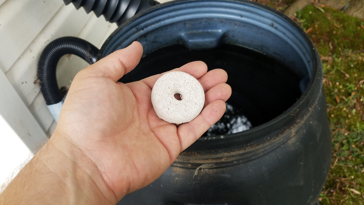 hand holding circular white mosquito tablet insecticide over rain barrel with water