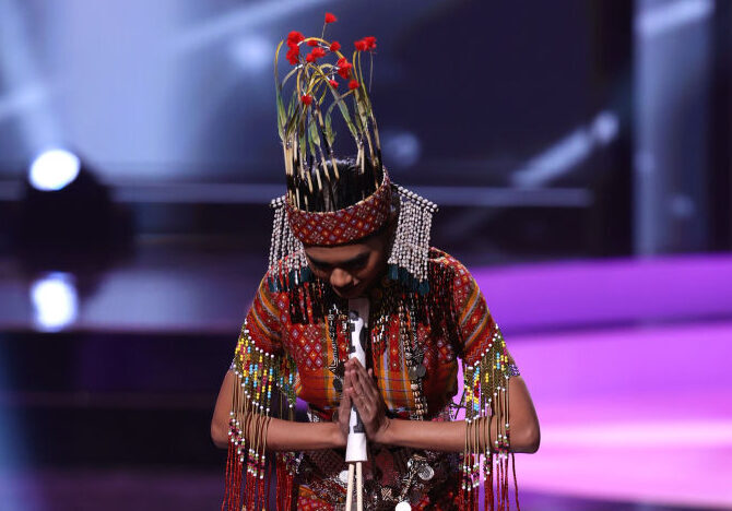 Miss Myanmar Thuzar Wint Lwin competing in the Miss Universe competition on stage