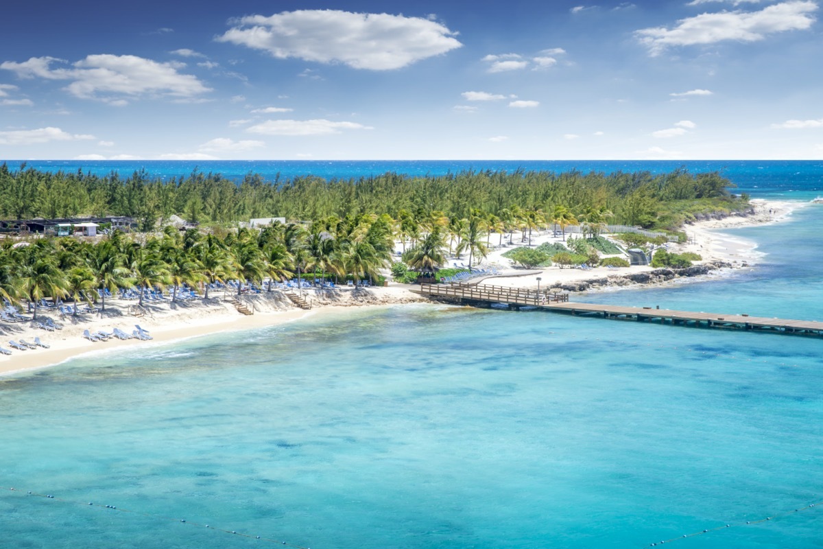 aerial view of and island and a jetty