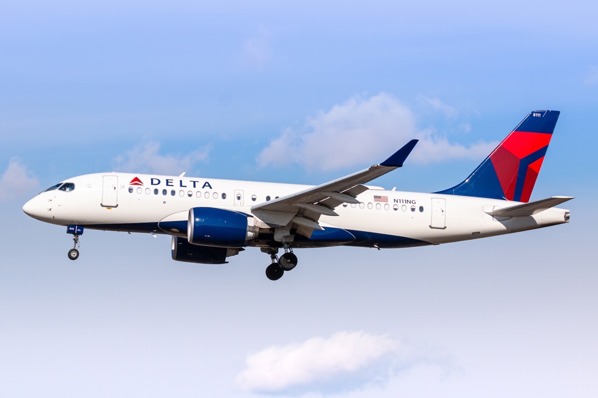 Delta Air Lines A220-100 airplane at New York John F. Kennedy airport (JFK) in the USA. Airbus is an aircraft manufacturer based in Toulouse, France.