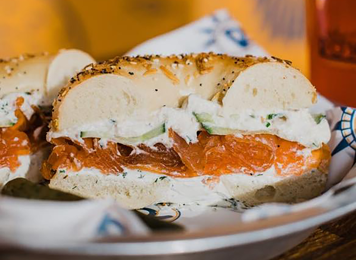 bagel with lox cream cheese and cucumbers