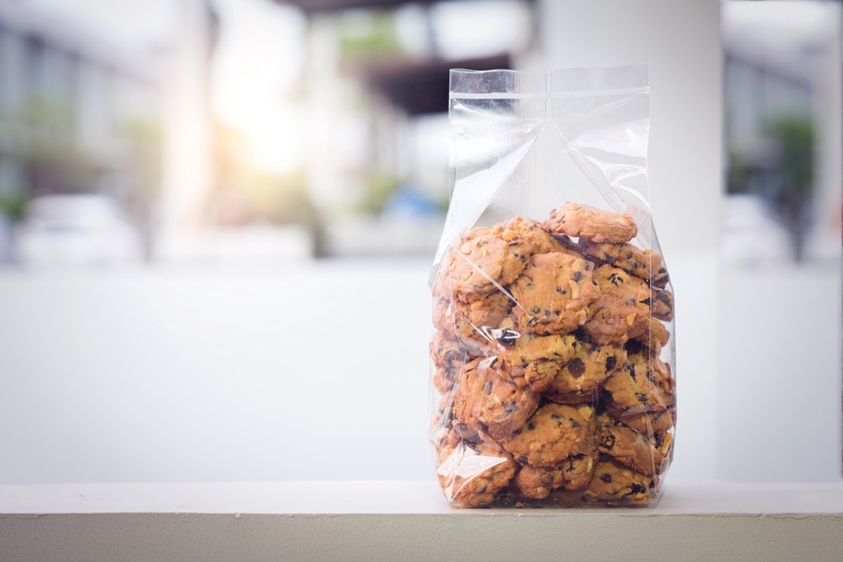 chocolate chip cookies in a plastic bag on a counter