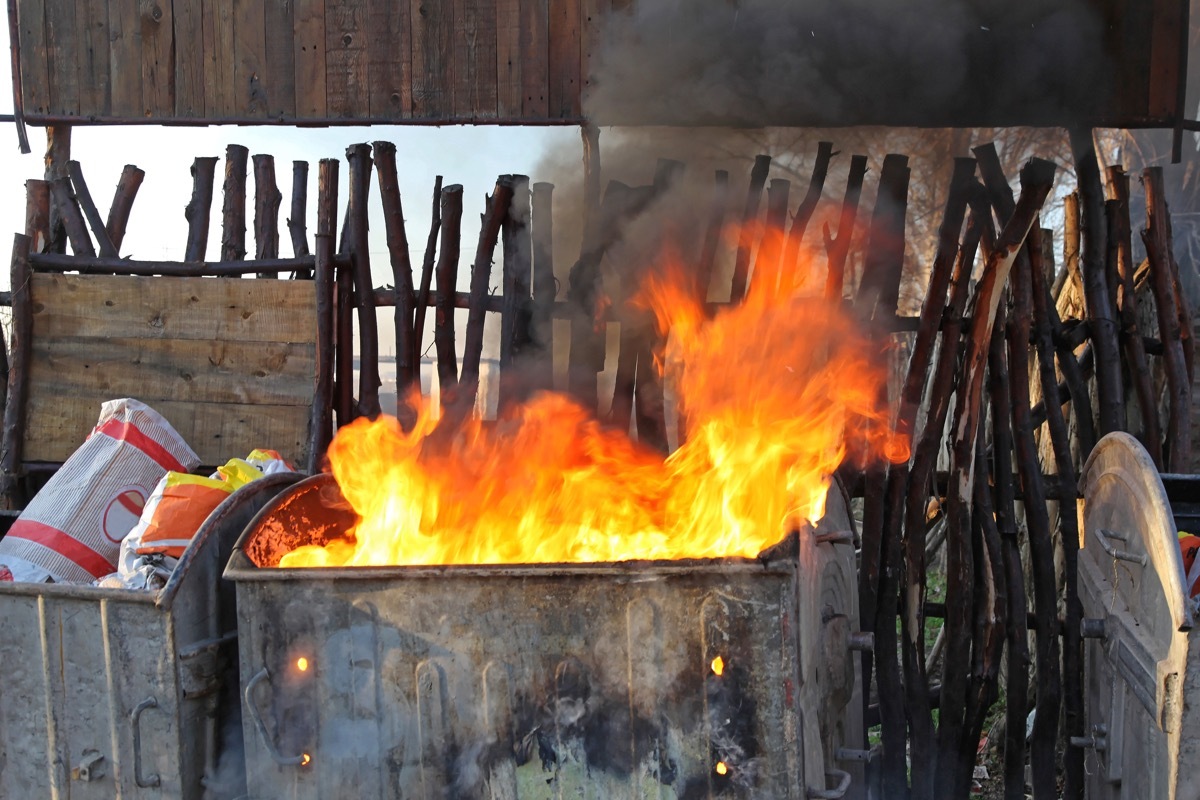 a dumpster that is on fire