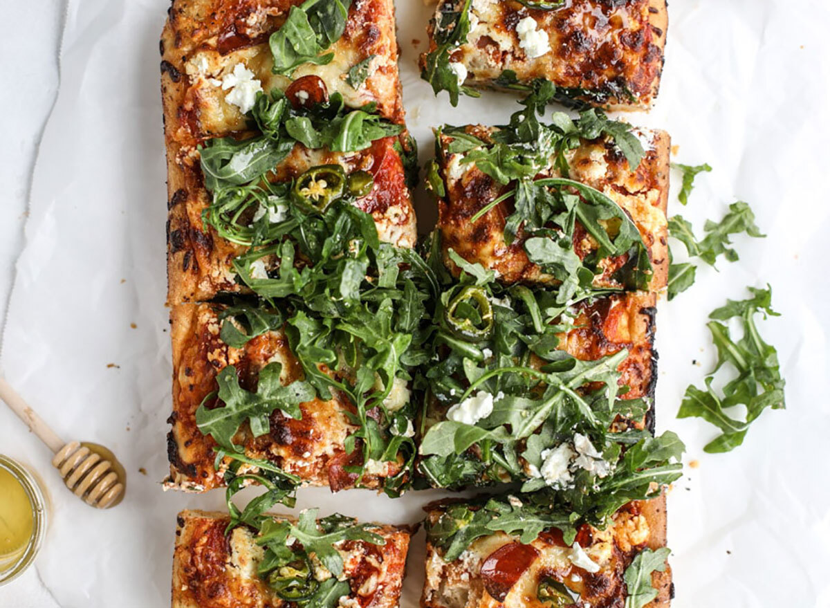 hot honey goat cheese pepperoni detroit style pizza