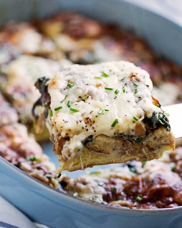 caramelized onion spinach feta savory french toast casserole