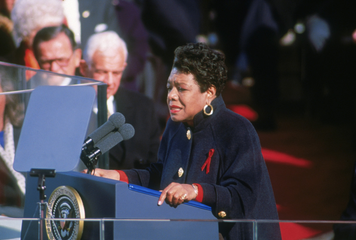 American poet Maya Angelou reciting her poem 'On the Pulse of Morning' at the inauguration of President Bill Clinton in Washington DC, 20th January 1993