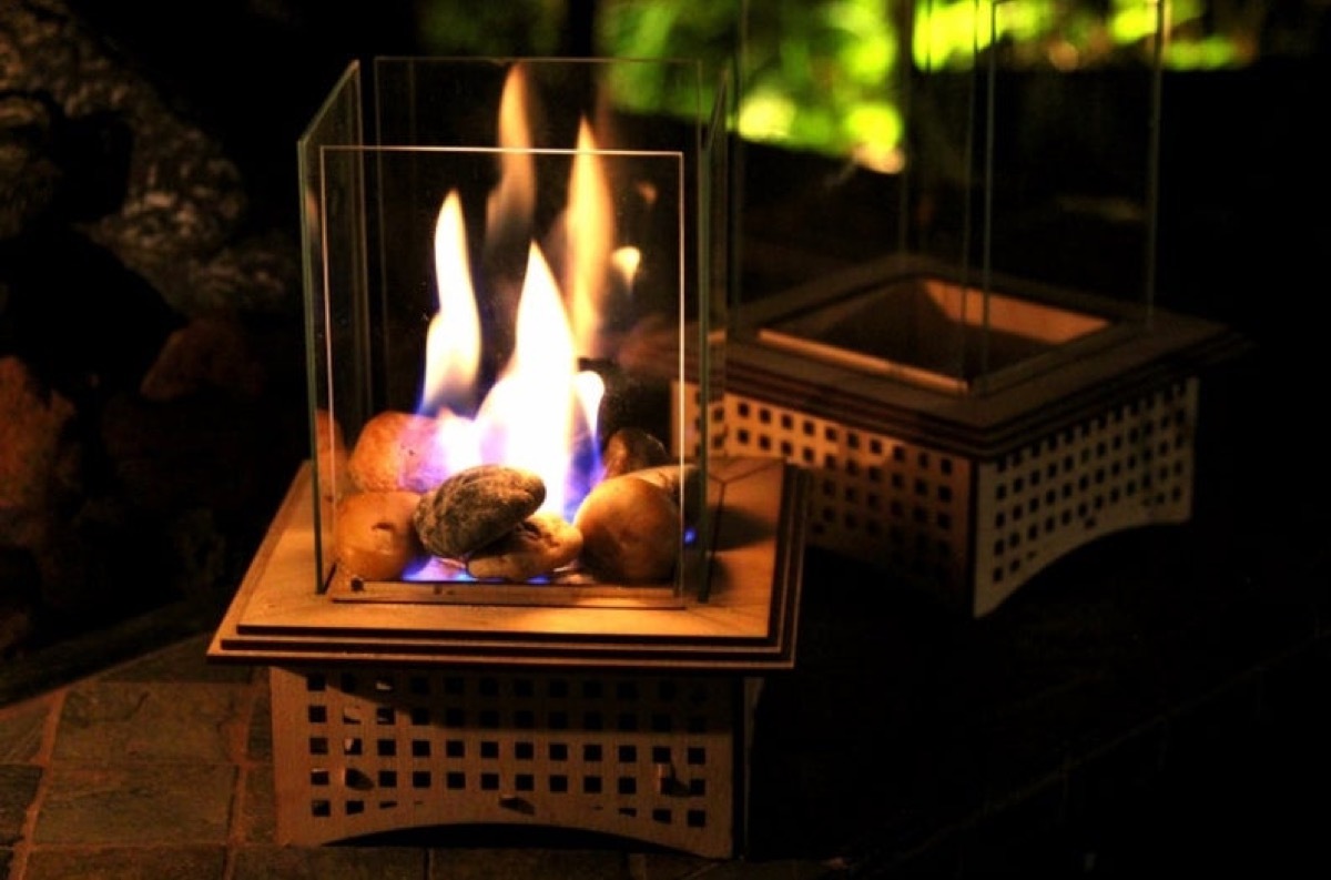 tabletop fireplace at night