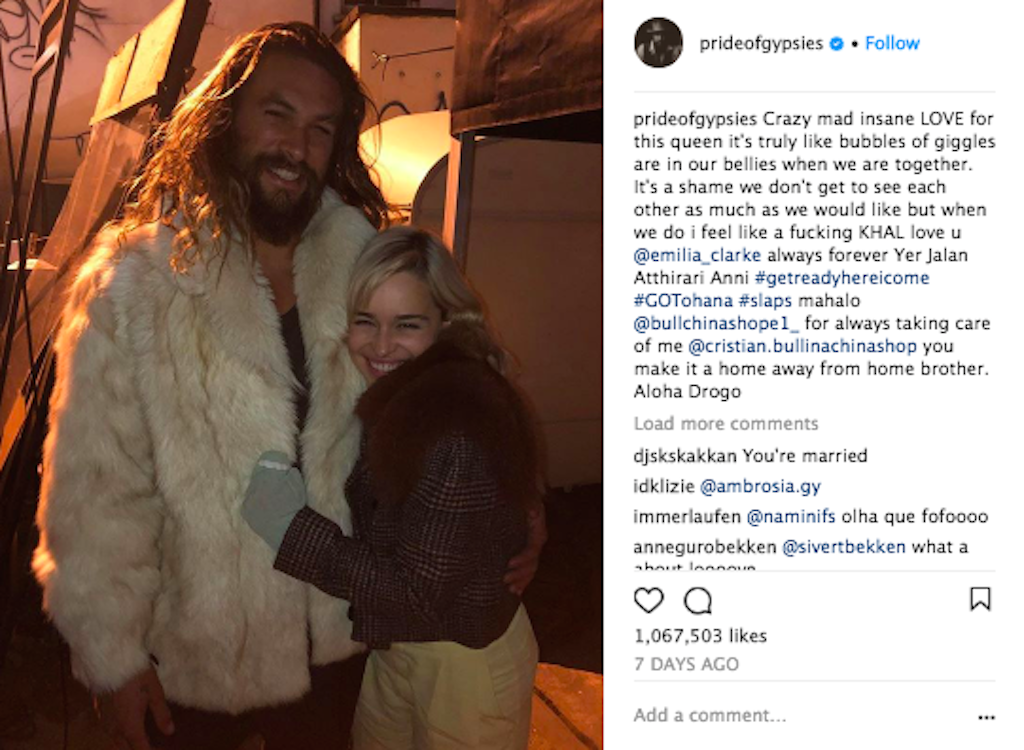 Instagram image of Jason Momoa and Emilia Clarke.