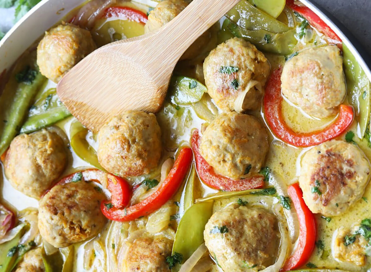 sweet potato chicken meatballs in pan