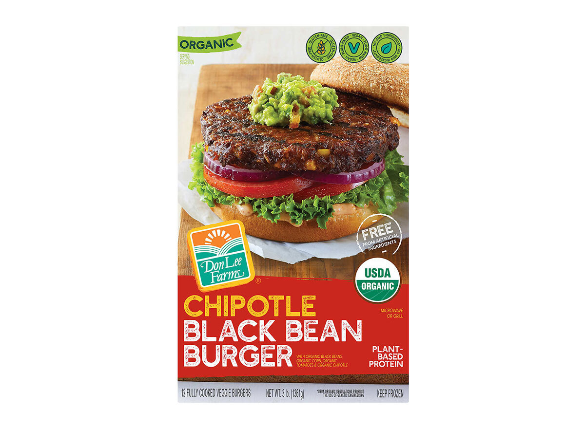 box of frozen don lee farms chipotle black bean burgers