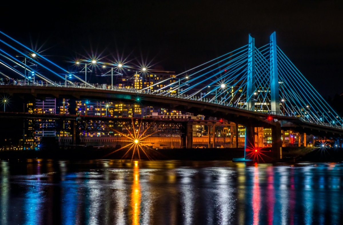 cityscape photo of bridge above lake and building in Portland, Oregon at night