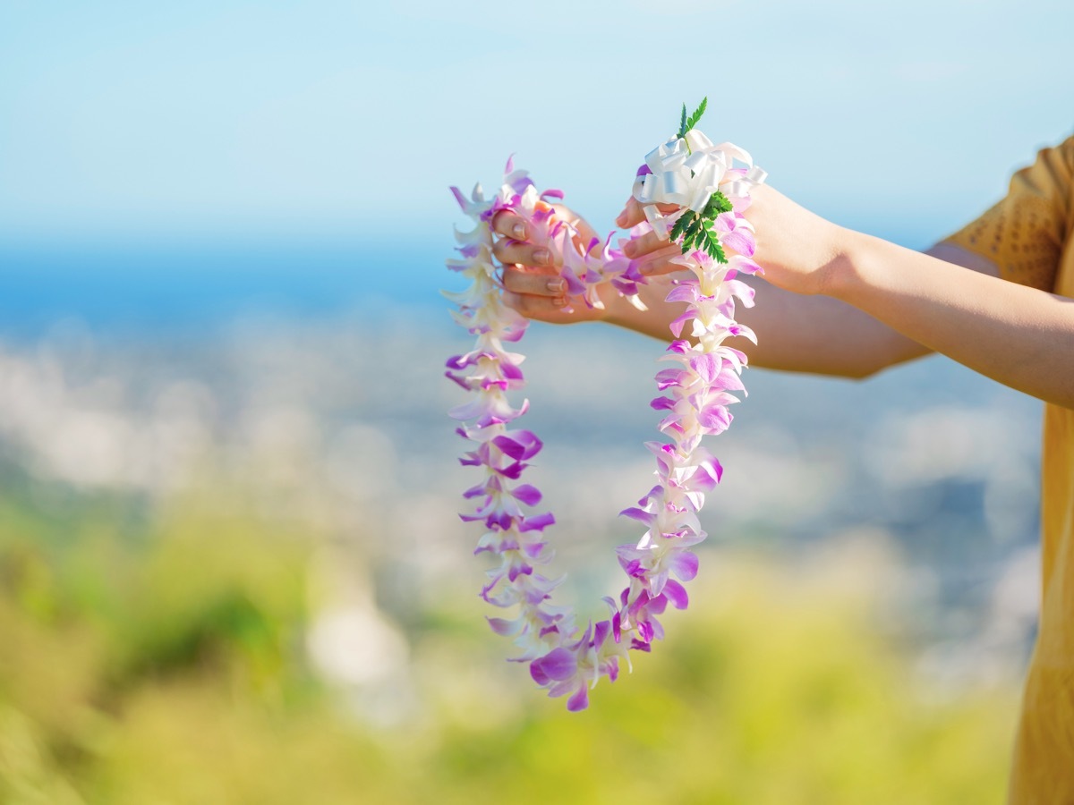 Holding welcome lei on Tantalus mountain in Honolulu Oahu Island Hawaii