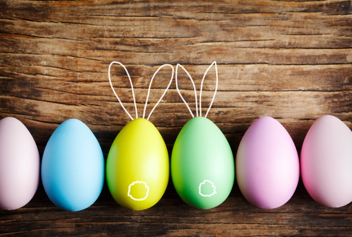 boiled, painted easter eggs, on wooden table