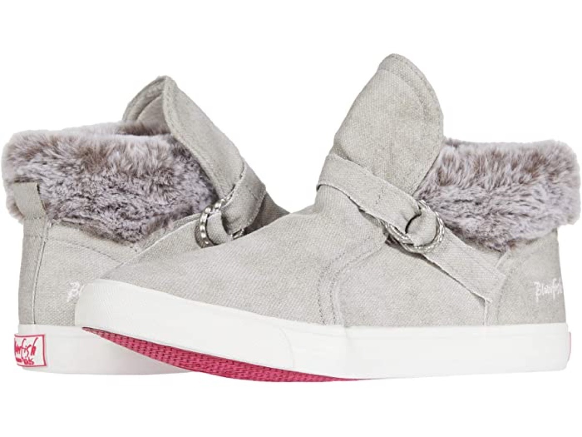 gray faux fur sneakers