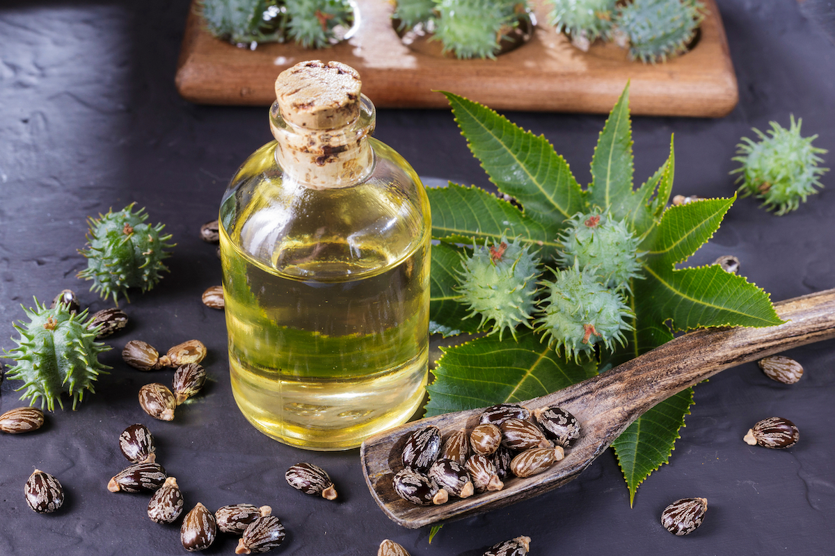 Glass jar of castor oil sitting on a black table surrounded by castor beans