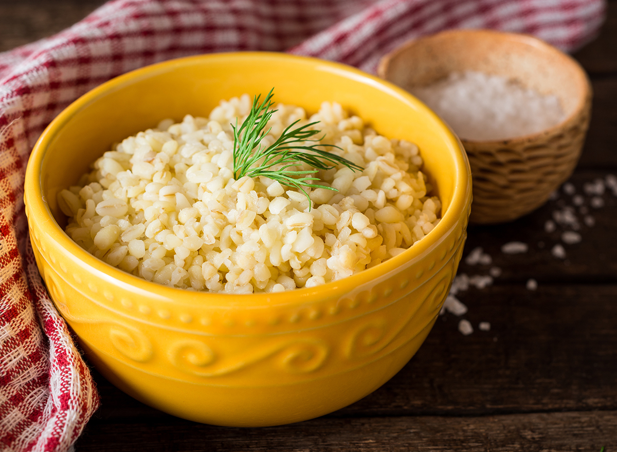 bulgur cooked in yellow ceramic bowl