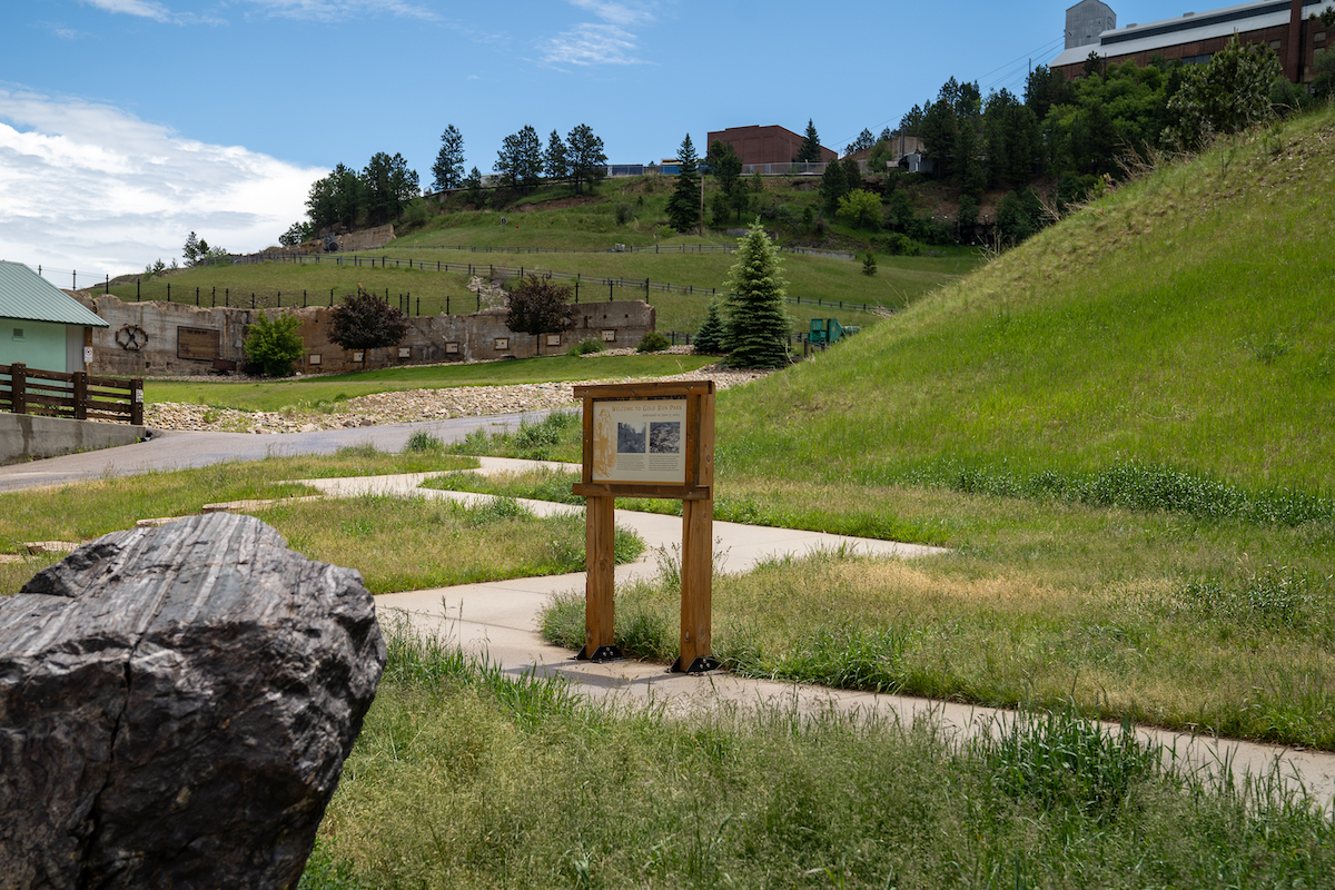 Sign for Gold Run Park, a mining area of the Homestake Mine in the Black Hills of SD