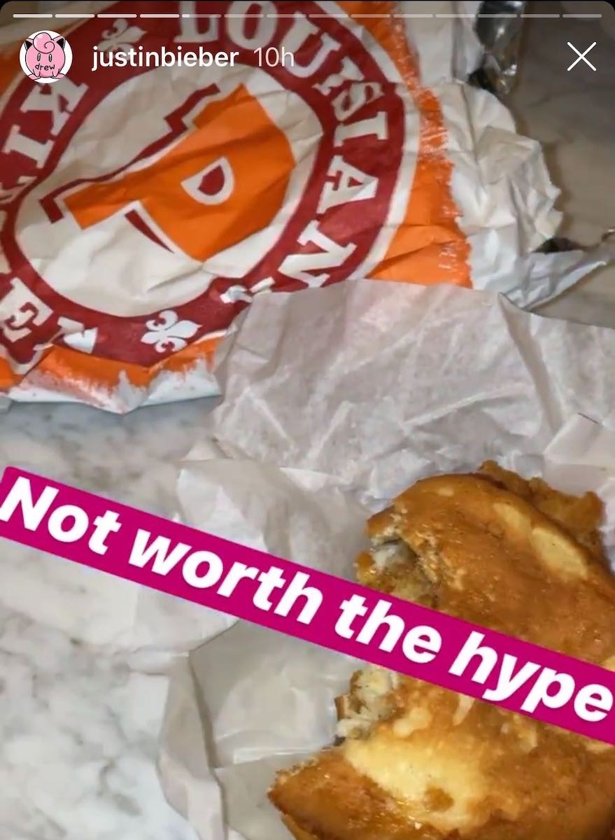 justin bieber instagram stories post on the popeyes chicken sandwich