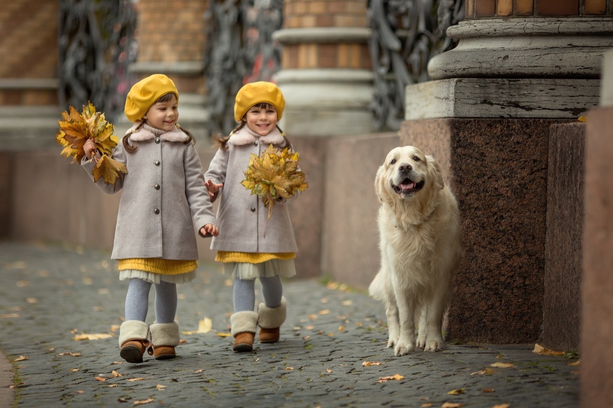 Twin sisters walking with their dog