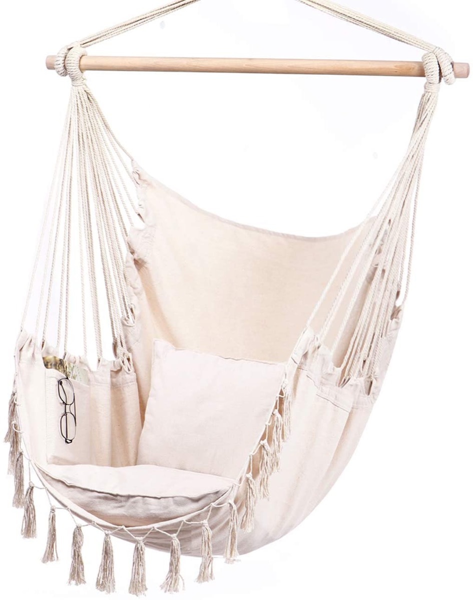 white macrame hammock chair