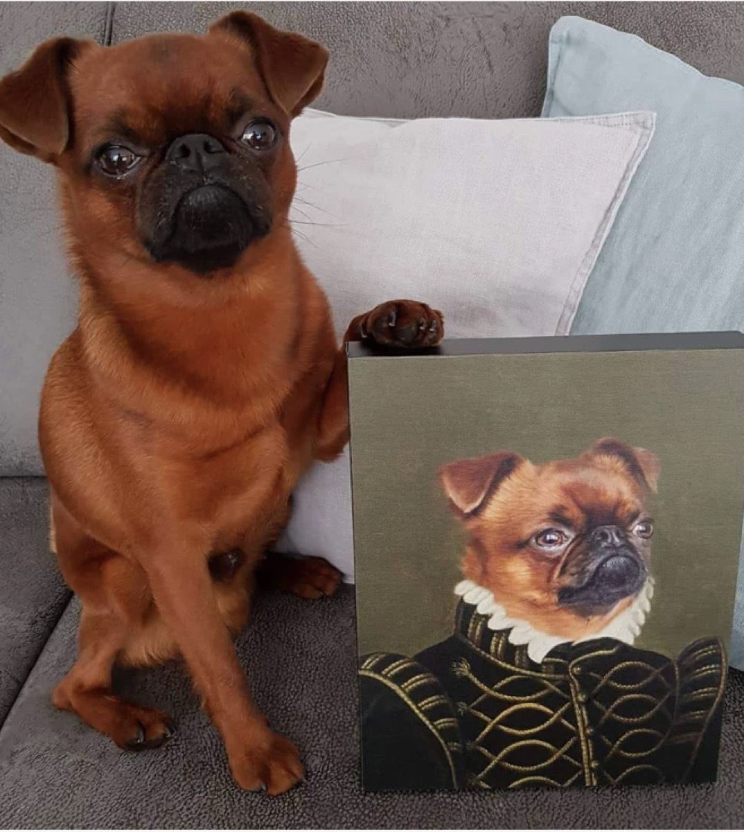 red dog sitting next to renaissance portrait of himself