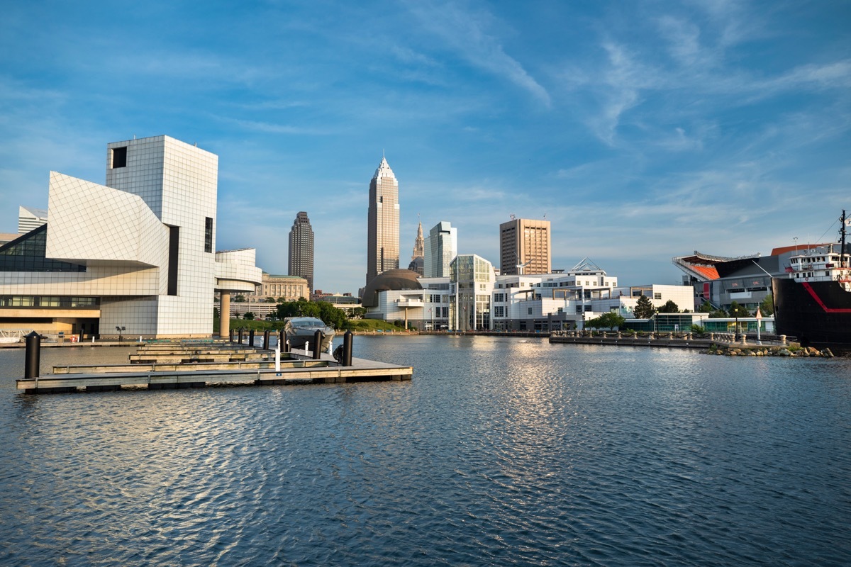 Skyline view of downtown Cleveland Ohio USA looking over the Marina by Lake Erie