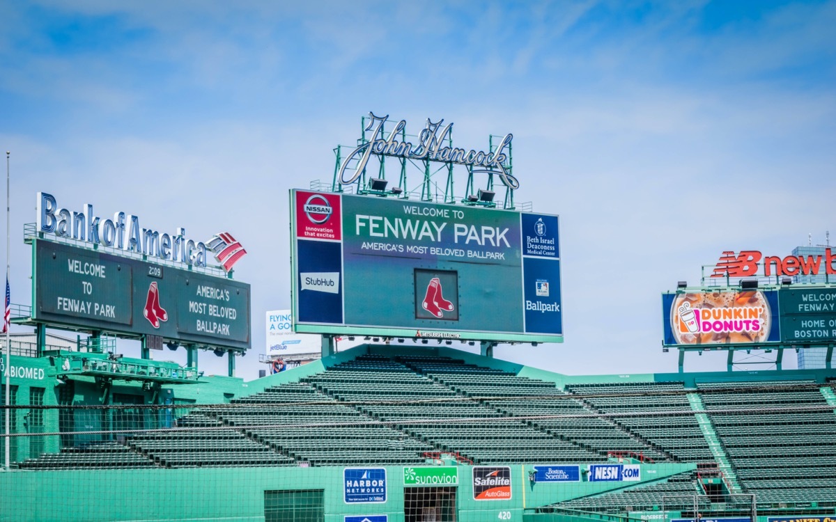 Empty outfield seats at Fenway Park, home of the Boston Red Sox baseball team.