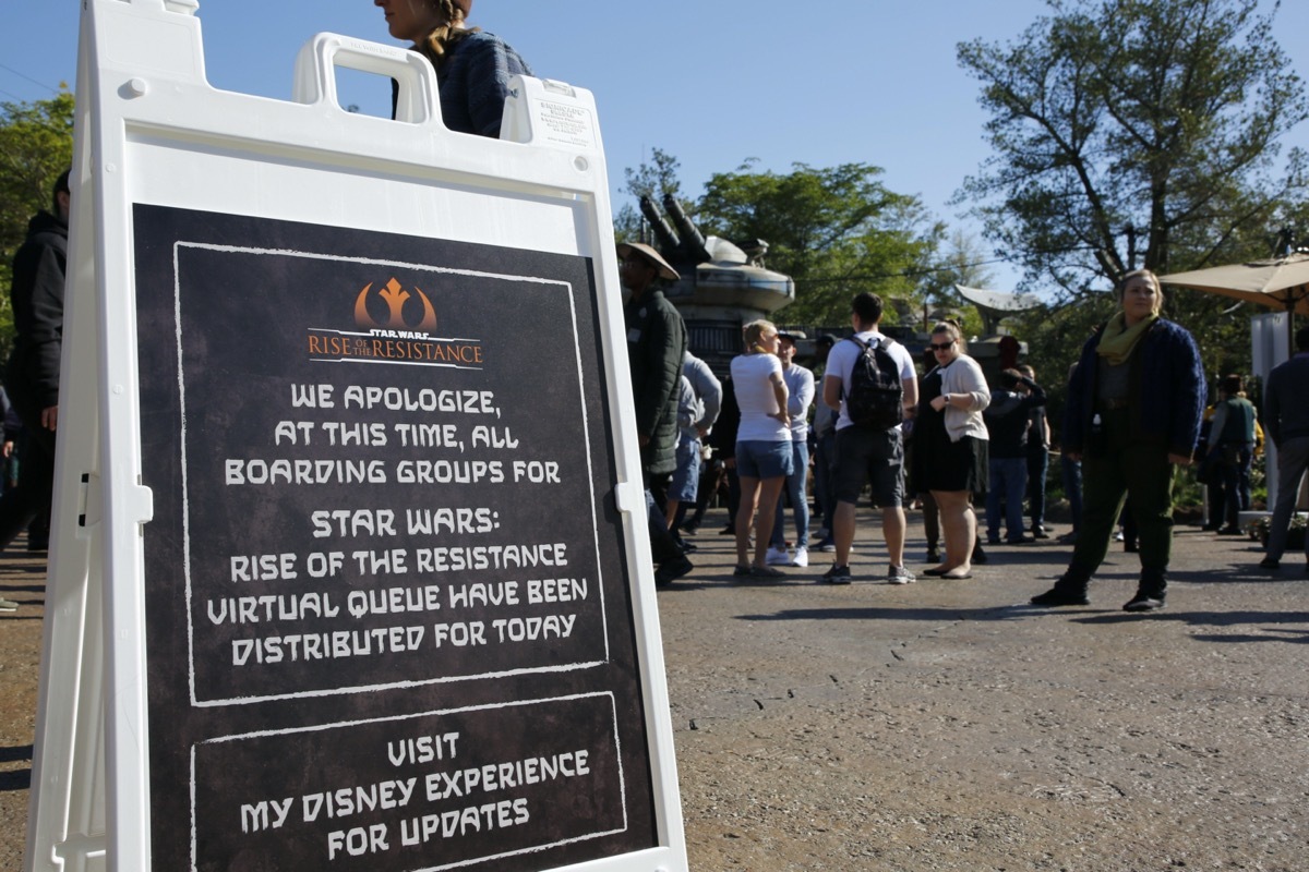 A sign outside the new Rise of the Resistance ride at Star Wars: Galaxy's Edge shows the virtual queue closed on opening day, Dec. 5.