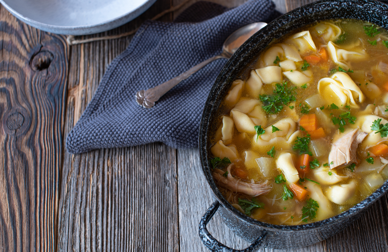 Hearty bowl of chicken and vegetable soup.