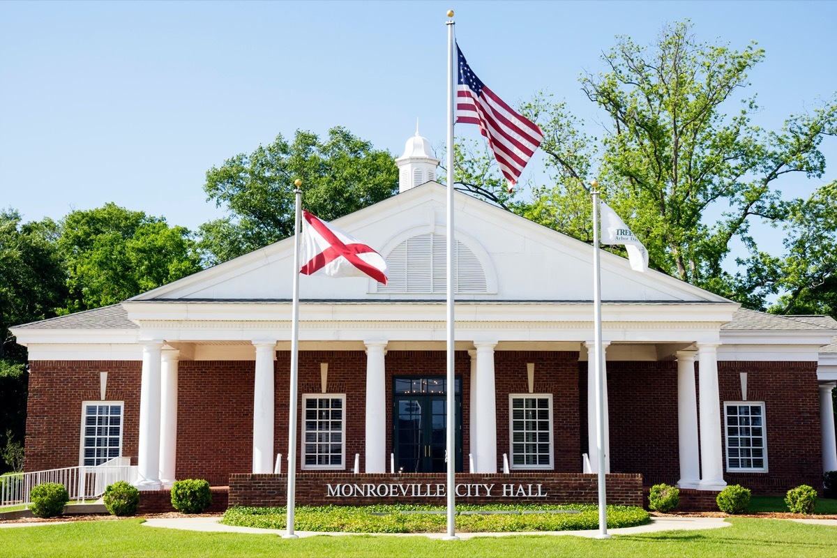 small town flag public building Greek revival architecture pediment local government